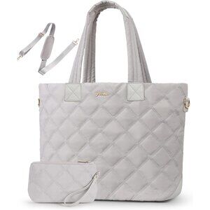 Women's Grey Polyester Puffer Shoulder Compartment Quilted Work Tote Bag